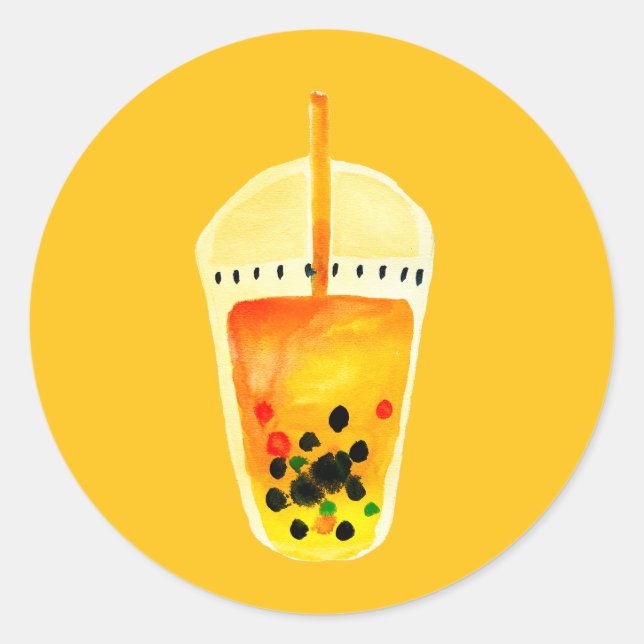Bubble tea boba watercolor art classic round sticker (Front)