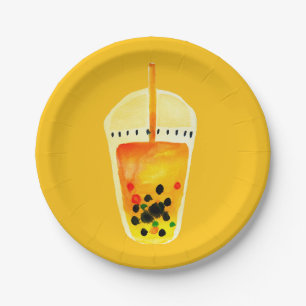 Bubble tea boba watercolor art paper plate