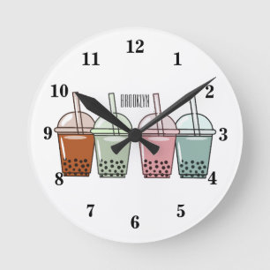 Bubble tea cartoon illustration round clock