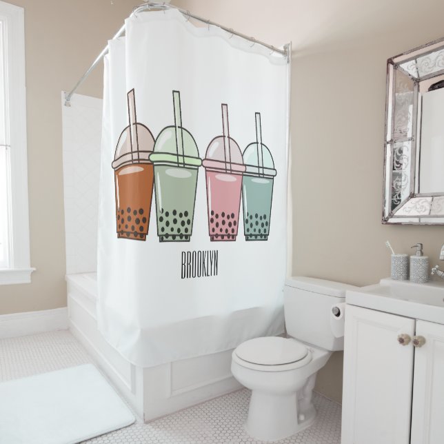 Bubble tea cartoon illustration  shower curtain (In Situ)