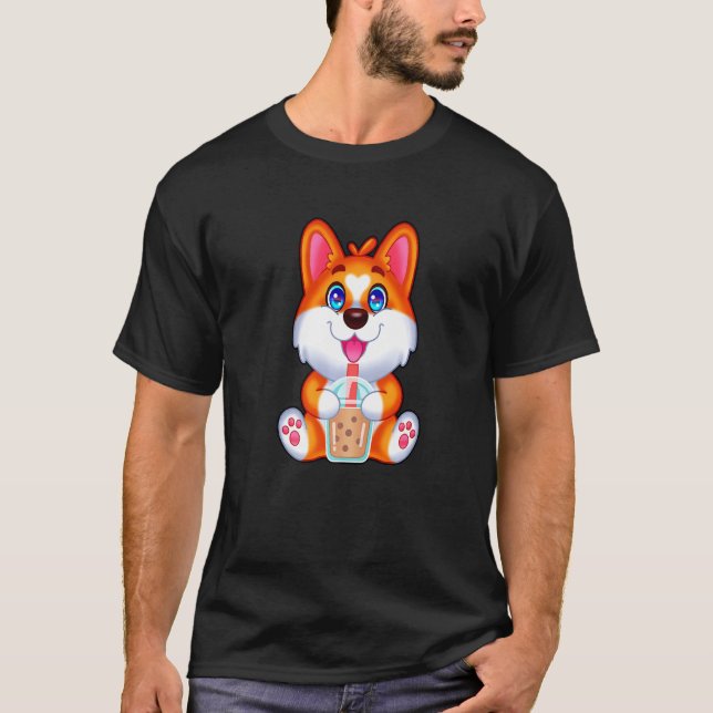 Bubble Tea Drinker Corgi Tapioca Pearl Milk Corgie T-Shirt (Front)