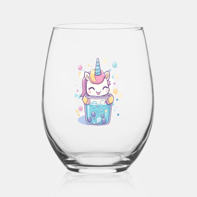 Bubble Tea Unicorn (1) Stemless Wine Glass (Front)