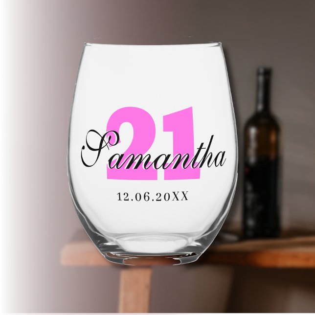 Bubblegum Birthday Number | Black 3D Name Date Stemless Wine Glass (Creator Uploaded)