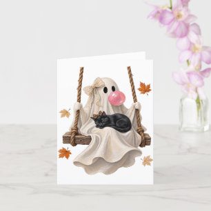 Bubblegum Ghost & Black Cat Swing Halloween Card