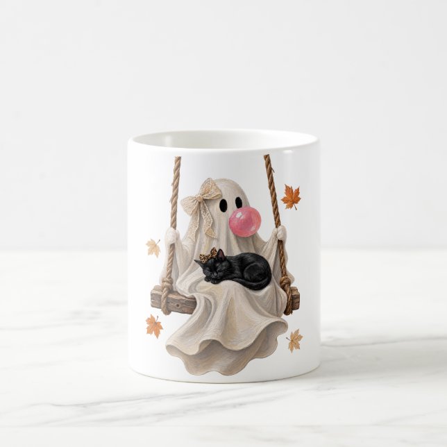 Bubblegum Ghost & Black Cat Swing Halloween  Coffee Mug (Center)