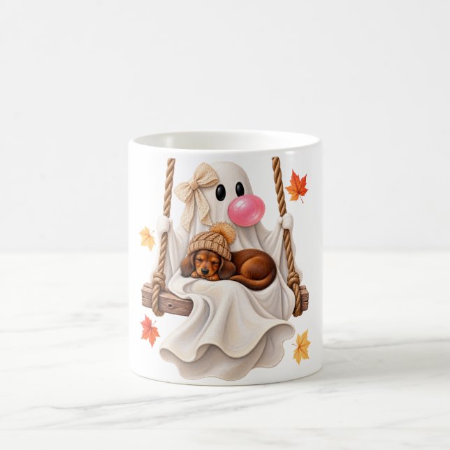 Bubblegum Ghost & dachshund Swing Halloween Fall  Coffee Mug (Center)