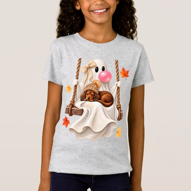 Bubblegum Ghost & dachshund Swing Halloween Fall T-Shirt (Front)