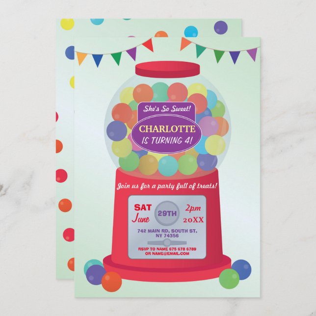 Bubblegum Machine Birthday Sweets Treats Invite (Front/Back)