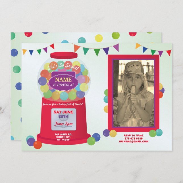 Bubblegum Machine Birthday Sweets Treats Photo Invitation (Front/Back)