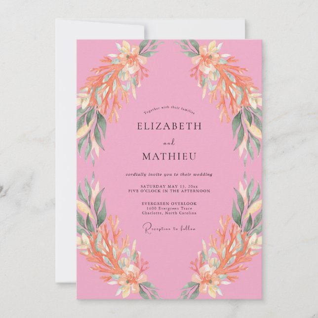 Bubblegum Orange Leafy Wedding Invitation (Front)