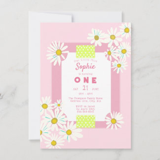 Bubblegum Pink Daisies Frame Little Miss One Bday Invitation