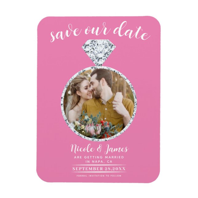Bubblegum Pink Diamond Ring Bling Save the Date Magnet (Vertical)