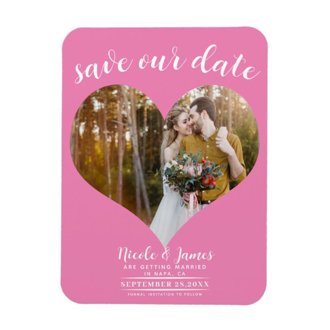 Bubblegum Pink Heart Photo Wedding Save the Date Magnet (Vertical)