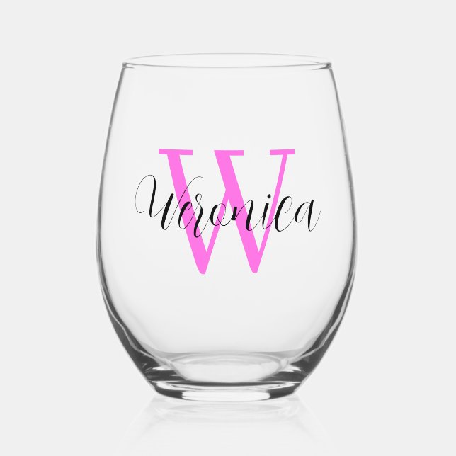 Bubblegum Pink Initial and Black Name | Elegant Stemless Wine Glass (Front)