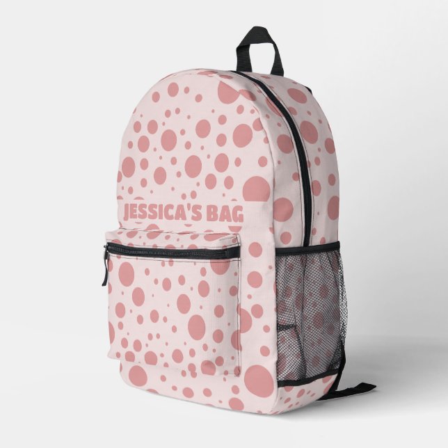Bubblegum Pink Polka Dot Printed Backpack (Back Corner Right)