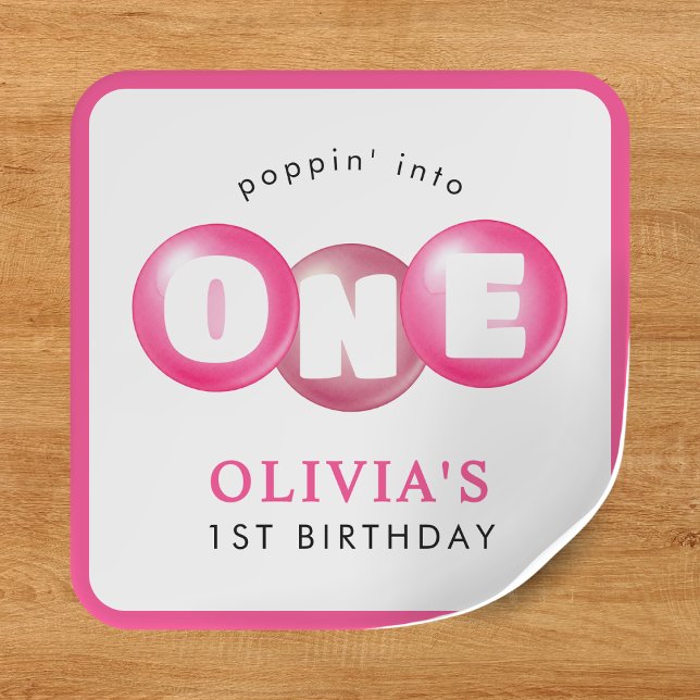 Bubblegum Pink Poppin Girl 1st Birthday Party Square Sticker (Bubblegum Pink Poppin Girl 1st Birthday Party Square Sticker
)