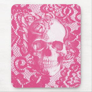 Bubblegum Pink rose skull on lace Mouse Pad
