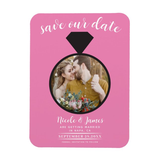 Bubblegum Pink Wedding Ring Photo Save the Date Magnet (Vertical)