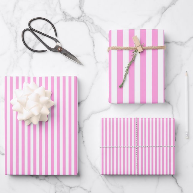 Bubblegum Pink & White Stripes Wrapping Paper Sheet (Front)