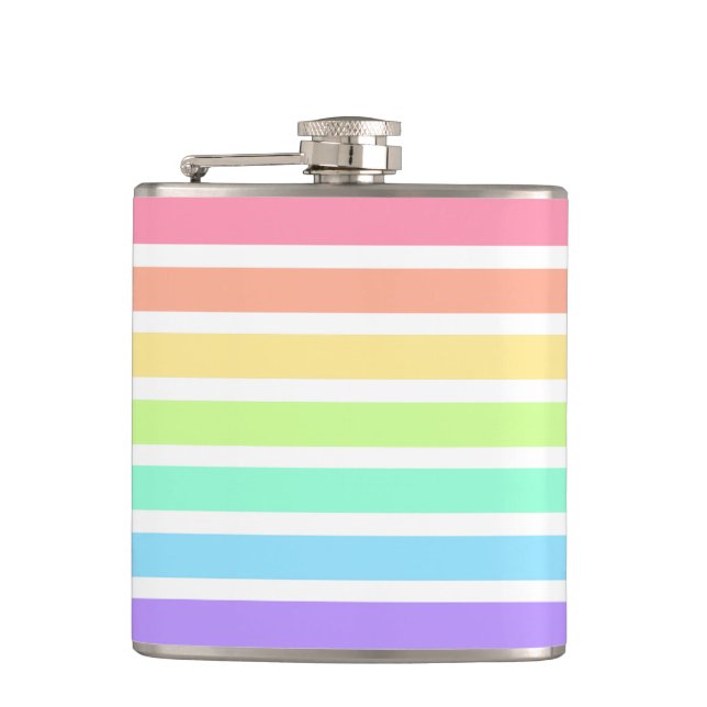 Bubblegum rainbow and white stripes hip flask (Front)
