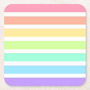 Bubblegum rainbow and white stripes square paper coaster