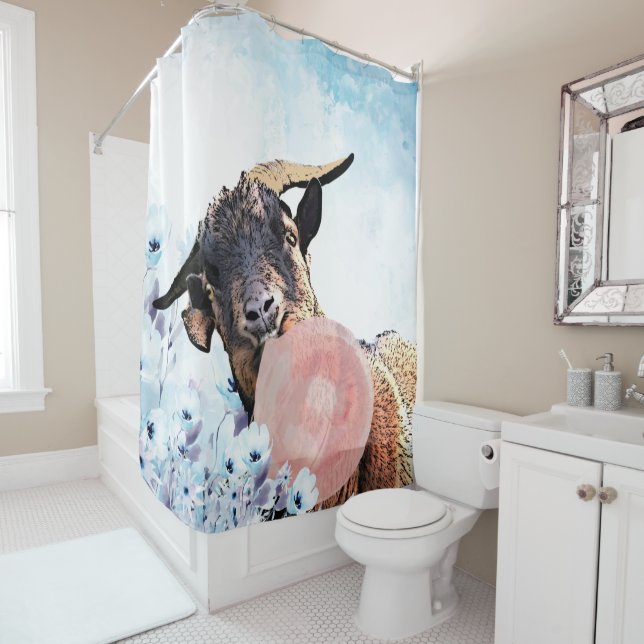 Bubblegum Watercolor Goat Blue Floral GetYerGoat™ Shower Curtain (In Situ)