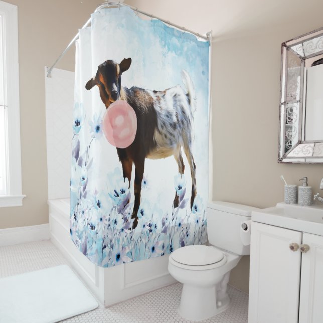 Bubblegum Watercolor Nigerian Dwarf Kid Goat Shower Curtain (In Situ)