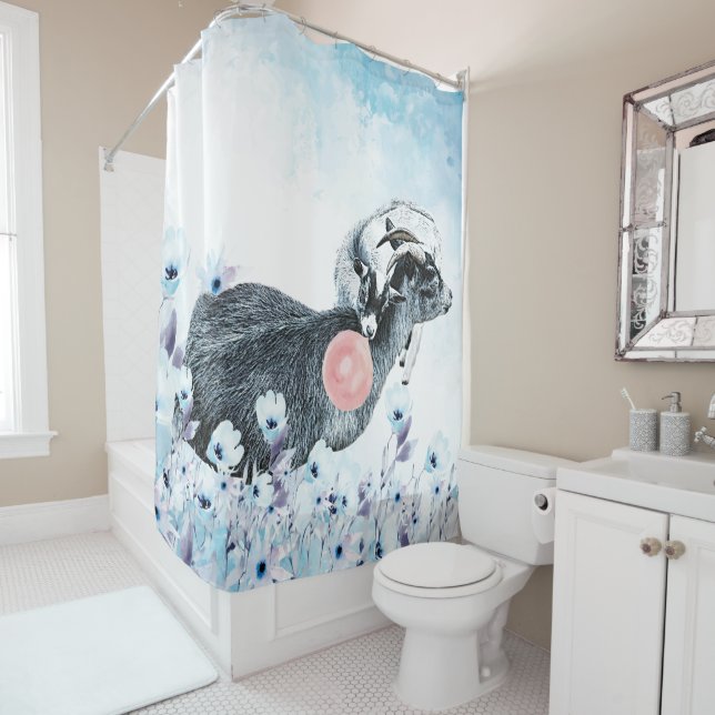 Bubblegum  Watercolor Pygmy Mum - Baby GetYerGoat™ Shower Curtain (In Situ)