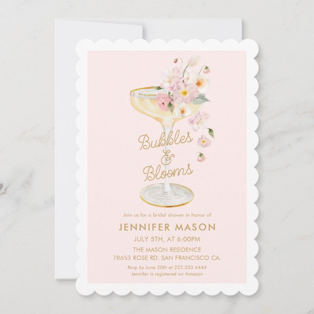 Bubbles and Blooms Pink Floral Bridal Shower Invitation (Front)