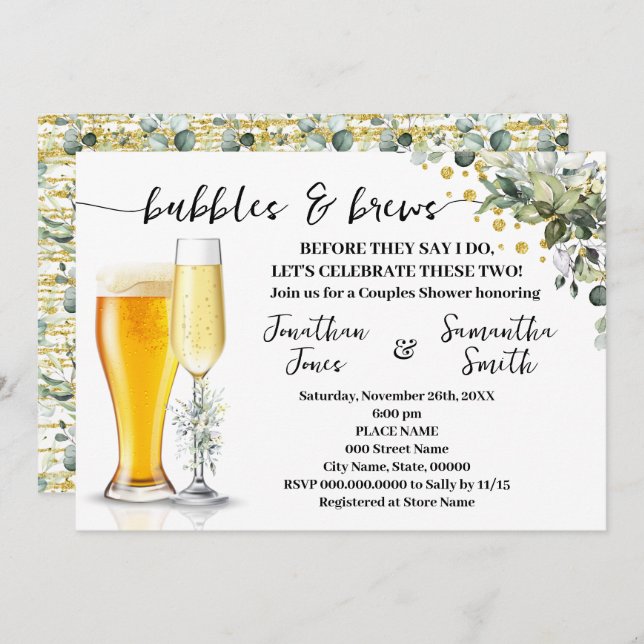 Bubbles and Brews Eucalyptus & Gold Couples Shower Invitation (Front/Back)