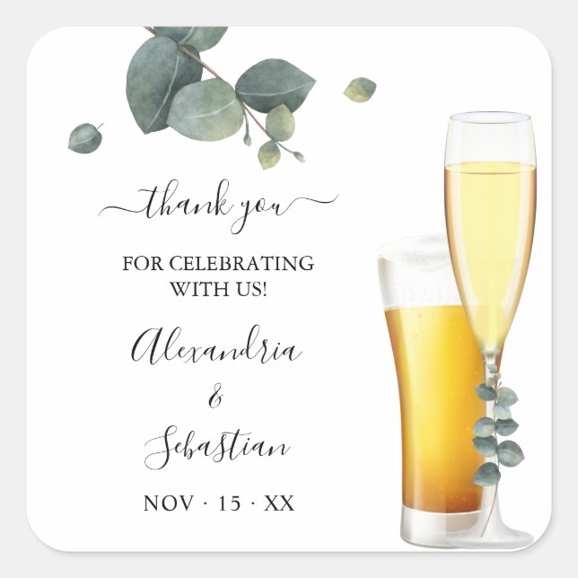 Bubbles and Brews Thank You Eucalyptus Wedding Square Sticker (Front)