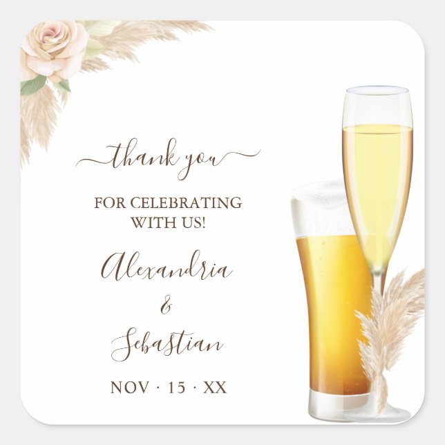 Bubbles and Brews Thank You Pampa Grass Wedding  Square Sticker (Front)