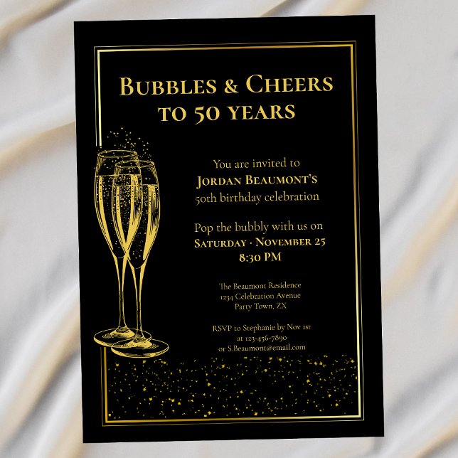 Bubbles and Cheers Black Gold 50th Birthday Party Invitation (Creator Uploaded)