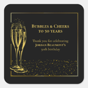 Bubbles and Cheers Black Gold 50th Birthday Party Square Sticker