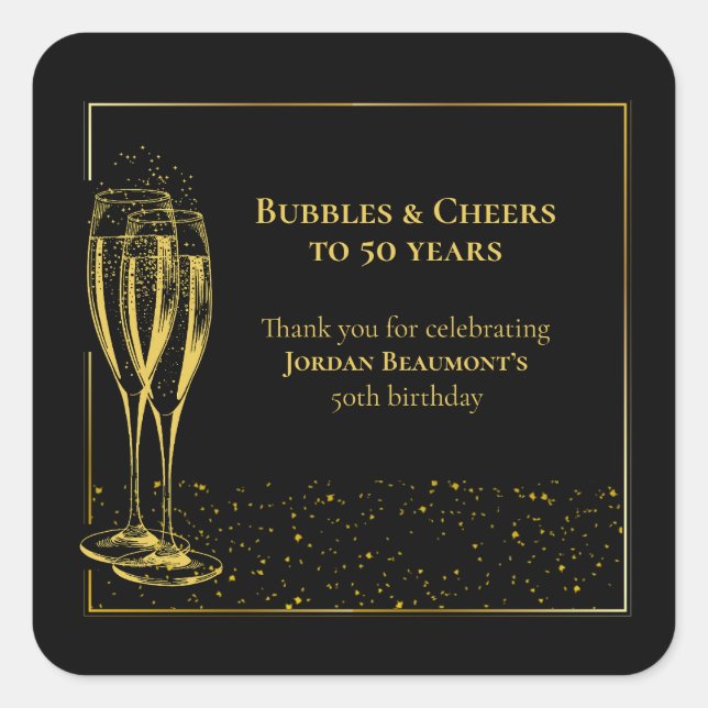Bubbles and Cheers Black Gold 50th Birthday Party Square Sticker (Front)