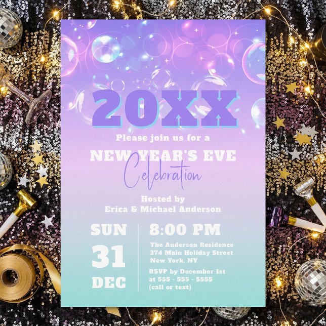 Bubbles and Lights Pastel Gradient New Year's Eve Invitation (Creator Uploaded)