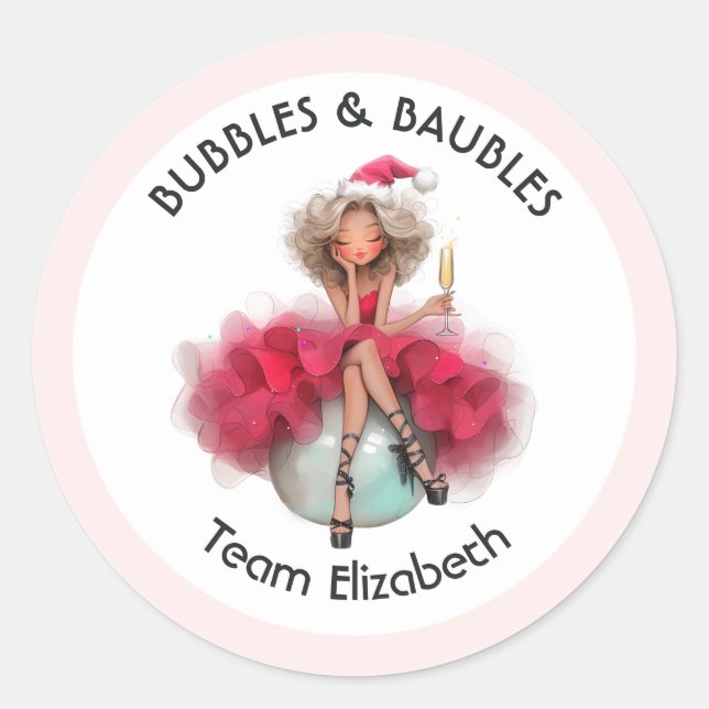 Bubbles & Baubles Christmas Bachelorette Classic Round Sticker (Front)
