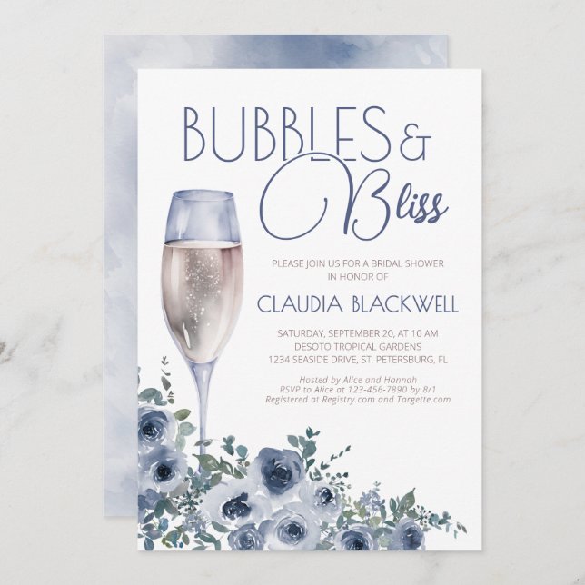 Bubbles Bliss Champagne Blue Bridal Shower  Invitation (Front/Back)