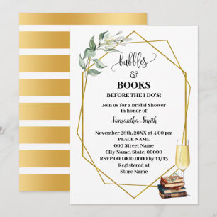 Bubbles & Books Before I Do Greenery Gold Shower Invitation