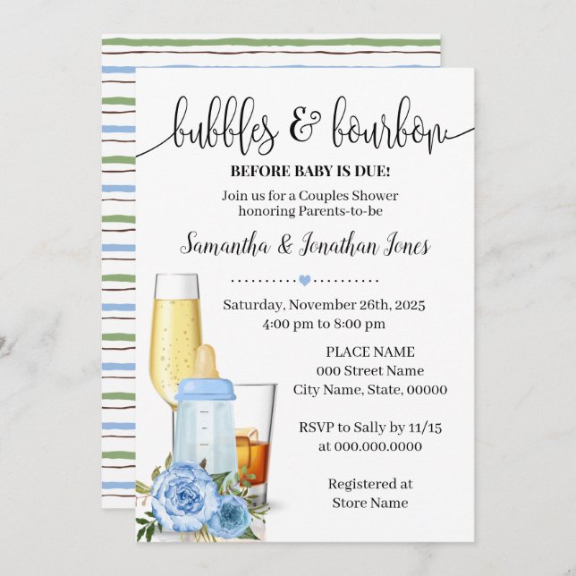 Bubbles & Bourbon before Baby Due Blue Baby Shower Invitation (Front/Back)