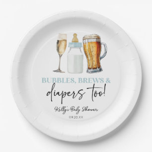 Bubbles Brews and Diapers Too! Baby Shower Paper Plate