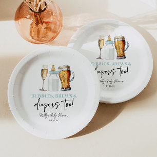 Bubbles Brews and Diapers Too! Baby Shower Paper Plate