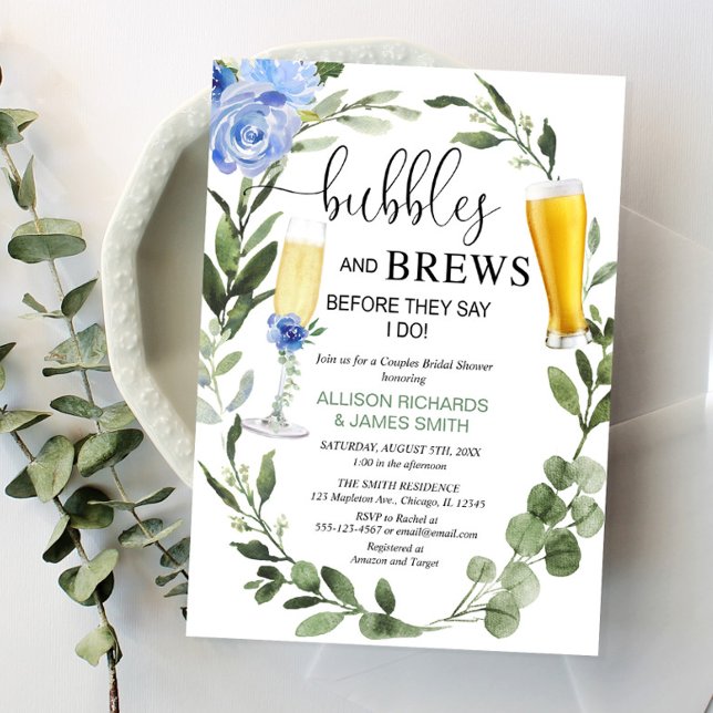 Bubbles Brews blue greenery couples bridal shower Invitation (Creator Uploaded)