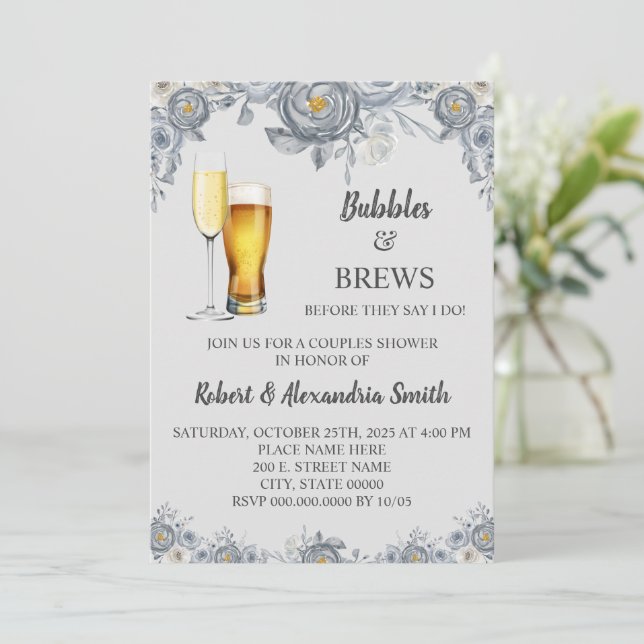 Bubbles & Brews Couples Wedding Shower Grey Floral Invitation (Standing Front)