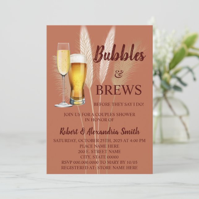 Bubbles & Brews Couples Wedding Shower Pampas Invitation (Standing Front)