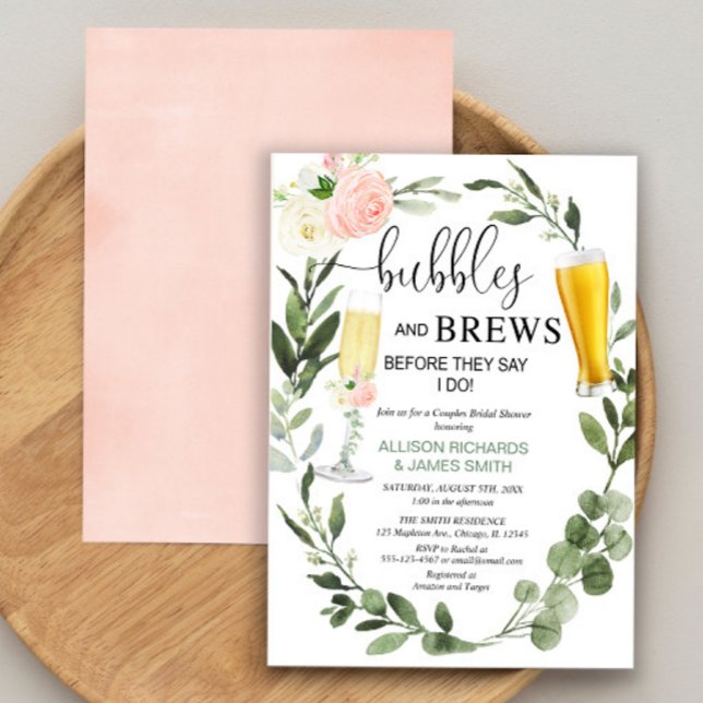Bubbles Brews pink greenery couples bridal shower Invitation (Creator Uploaded)