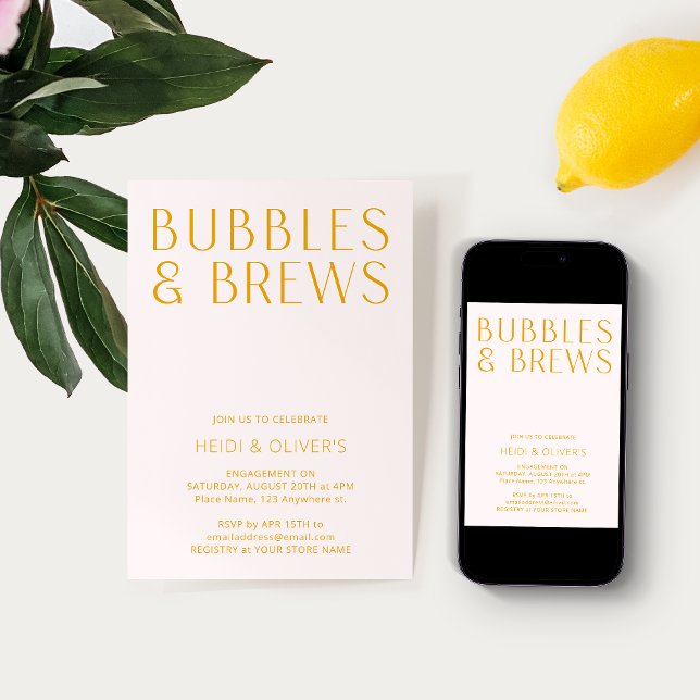 Bubbles & Brews Pink Yellow Modern Bold Engagement Invitation (Creator Uploaded)