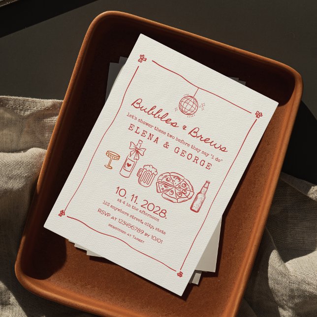Bubbles & Brews Red Hand Drawn Couples Shower Invitation (bubbles & brews couple's shower invitation hand drawn informal, funny, quirky, unique aesthetic)