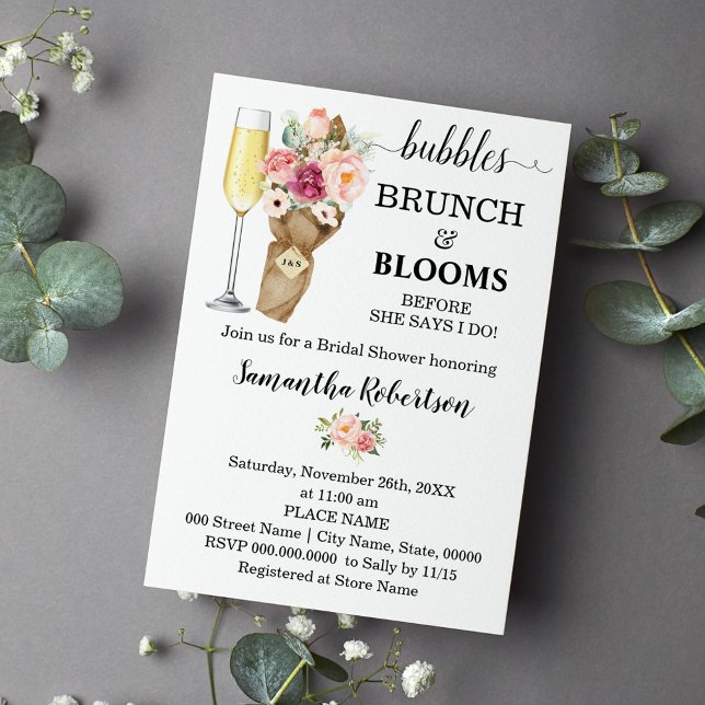 Bubbles Brunch & Blooms Bridal Shower Pink flowers Invitation (Creator Uploaded)