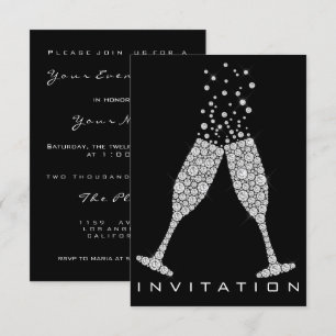 Bubbles Glasses Champagne Cocktail Grey Crystals Invitation